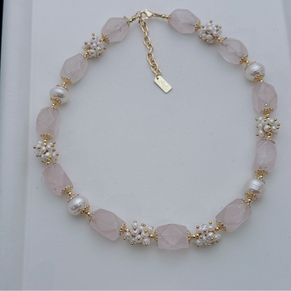 Rosee Jewelry - X738 Handmade Freshwater Baroque Pearl Rose Quartz Flower Blossom Necklace